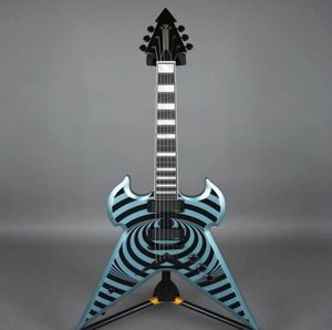 Niestandardowe Zakk Wylde Flying v Metal Blue Burst Black Bullseye Electric Guitar Block InLay EMG Pickups String Thru Body Bridge5644706