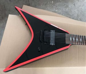 Özel Mağaza Zengin Uçan V Kırmızı Stripe Black Elec Guitar Floyd Rose Tremolo Köprüsü Whammy Bar Diamond Phombus Kakma Siyah HA2518320