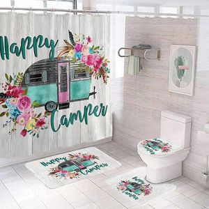 Duschgardiner Happy go camping bil blomma blommig gardin set med halkfria mattor komplett badrumstillbehör dekor