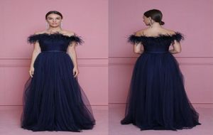 Dark Navy Feather Evening Dress Off Shoulder Floor Length A Line Women Formal Occasion Prom Party Gown Classic Design Custom Size3264289