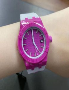 Diamond Watch Womens Watchs Pink Rubber Strap حماية البيئة حماية البلاستيك علبة الهدايا الزجاجية الكريستالية هدايا من أجل M5463154