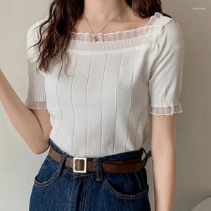 Women's T Shirts Korean Fashion Knitted Tops 2024 Female Chic Short-sleeve Lace Elegant Square Collar T-shirts Women Summer Tees Solid Color