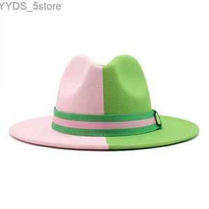 ワイドブリム帽子バケットパッチワークfedora帽子カラフルな2トーンユニセックスメンマパナマグリーンピンクブリティッシュスタイルトリルビーパーティー公式YQ240407