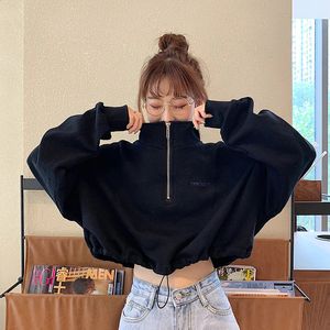 MEXZT Harajuku Hoodies Women Y2K Street Zipper Crop Sweatshirt Black Long Sleeve Loose Pullover Fashion Simple Elastic Waist Top 240327