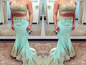 Two Pieces Dresses Party Evening Gowns Sheer Neck Gold Applique Mermiad Prom Dresses Sweep Train Satin Celebrity Formal Homecoming3744374
