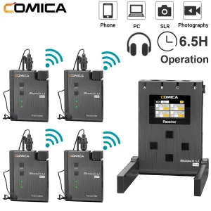 Microphones Comica Boomxu Qua 4 -kanaler UHF Wireless Lavalier Microphone för DSLR -kamera Telefon Video Fjut Intervju Live Streaming