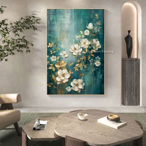 Abstract Green Gold Flowers Flowers Painting Oil su tela arte fatta a mano fatta a mano dipinti floreali in oro arte della parete verde per decorazioni per soggiorno