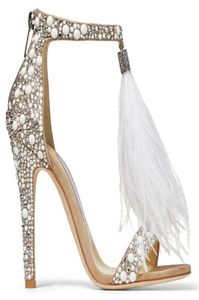 Fashion Runway y Feather Fringe Sandals Women Rhinestone Pearls Studded High Heels Summer Bridal Wedding Shoes Woman Sexy Ope11035516707070