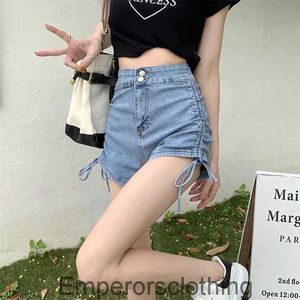 Drawstring denim shorts for women in summer 2024 chubby girl mm high waist slim and versatile spicy girl slim fit A-line wide leg hot pants