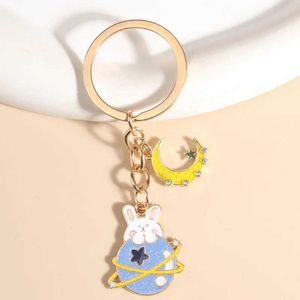 Keychains Lanyards Cute Enamel Keychain Rabbit Planet Star Key Rings Animal Friendship Gift For Women Girls DIY Handmade Jewelry Q240403