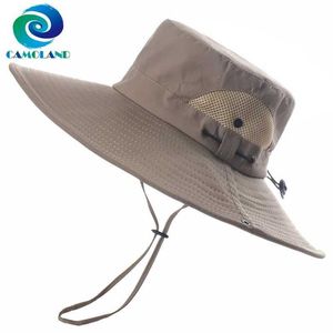 Szerokie czapki Brim Busket Camoland Mens Waterproof Hat Summer UPF50+Słońce Outdoor Oddychający siatka BOONIE Fisherman Q240403