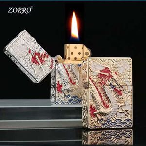 Zorro Metall Armor Relief Dragon Schleifrad Zündung Windschutz Kerosin leichter Retro -Kollektion Leicht Rauchgeschenke für Männer