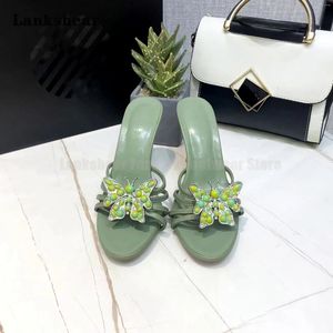 Dress Shoes Green Butterfly Decorated High-Heeled Sandals And Slippers Women's Summer Light Stiletto Fashion All-Match Flip Flops