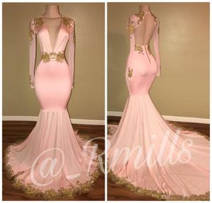 New Design Pink Prom Dresses Evening Wear Long Sleeve Open Back Lace Applique Deep V Neck Party Gowns Sweep Train Long Graduation 5860370