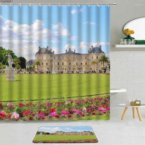 Duschgardiner 2st europeiska arkitekturlandskapsgardin 3D Retro Church Lawn Flowers Non-Slip Bath Mat Badrum Tyguppsättning