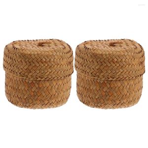 Vases 2 Pcs Flower Box Desktop Woven Storage Basket Mini Containers Lids Sundry Organizer Sundries Baskets Handmade Miscellaneous