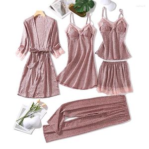 Ev Giyim Seksi 5 PCS Sweetwear Sıradan Kadınlar Pijama Takım Saten Giyim Samimi iç çamaşırı İlkbahar Yaz Homewear Pembe Pijamalar