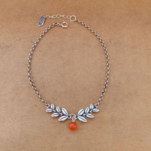 Armbänder Chineas Stil Sterling Sier rotes Achat Perle Kochlabyte Ethnische Antiquitäten Weizenblatt -Knöchel Armband Fußkette Schmuck für Frauen