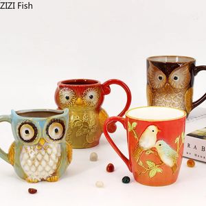 Ornamentos de caneca de cerâmica de coruja casal copo de água canecas de café canecas de chá da tarde xícaras de leite de cereal café da manhã 240407