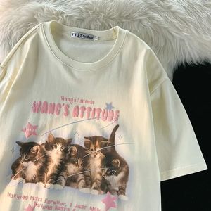 American Cute Kitten Impred Graphic Tshirt para homens e mulheres Trendência solta Casal casual retro de manga curta Y2K 240329