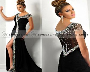 2019 High Side Slit Mermaid Evening Dresses with Scoop Crystals Neck Formal Open Back Long Prom Party Gowns Custom Made Stunning C3509397