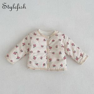 Kleidungssets Winter 0-3 Jahre altes Mädchen Baby und Kinder verdickte Langarm Spitzen fragmentiertes Baumwollclip-Strickjacke Mantel