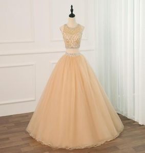 Bling Gold Ball Gown Prom Dresses Jewel Neck Crystal Tulle Hollow Back Two Pieces Cheap Designer Ruched Long Evening Formal Gowns 9558110