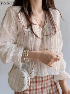 ZANZEA Lace White Cotton Women Blouse Summer Long Sleeve Floral Embroidery Shirt Korean Mesh Allmatch Tops Blusas Tunic 240326