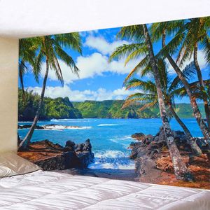 Nature Sea Landscape Tapestry Seaside Kokosnussbaum Wand Hanging Dekorative Kunst Ozean Strand Wandteppich Home Decor Hintergrund Decke 240321