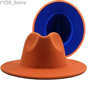 Wide Brim Hats Bucket Simple outer orange inner blue wool felt jazz Fedora hat with thin buckle mens womens wide Panama triangle 56-58-60CM yq240407