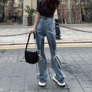 Women's Jeans Fashion Lace-up Flared High Waisted Sliming Vintage Denim Trousers Bandage Pants Lady Casual Boot Cut