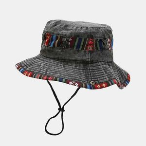 قبعات دلو واسعة الحافة 2022 القطن الوطني على الطراز الصلب دلو دلو قبعة سفر في الهواء الطلق قبعة شمس للرجال والنساء 15 Q240403