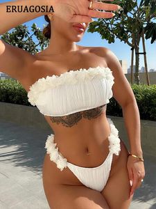 Kvinnors badkläder Bikini Kvinnor Swimsuit 2024 Sexig bandage Set Push Up Bathing Suit Female Beachwear White Biquini Ruffle Swim