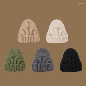 Berets Women's Distressed Knitted Hat Fashion Men Hip Hop Elastic Cap Solid Simple Leisure Pullover Autumn Winter Unisex Wool Caps