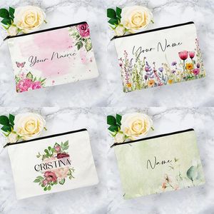 Förvaringspåsar anpassade namn blommor makeup väska kvinnor rese tillbehör brudtärna handväska bröllop present barn skol blyerts fodral kosmetik