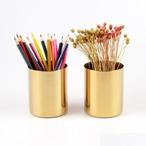 Planters Pots 400Ml Nordic Style Brass Gold Vase Stainless Steel Cylinder Pen Holder For Desk Organizers And Stand Mti Use Pencil Dhjro