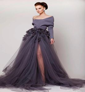 Hand Made Flower Long Sleeve Side Split Tulle Evening Gowns Fashion Sweep Train Party Dress Off Shoulder 2017 New Evening Dresses 6764157