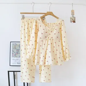 Женская одежда для сна с длинным рукавом пижама набор V-образных выстрелов Женщины вишневые персиковые печники.