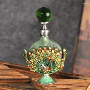 Storage Bottles 1pc Vintage 7ml Peacock Refillable Empty Perfume Bottle Metal Enamel Display Decor Emerald Cap Green Glass Dripper Gift