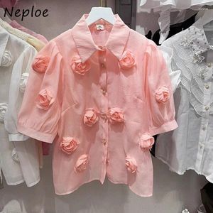 Kadınlar bluzları neploe zarif vintage 3d çiçek gömlekleri kadın y2k yaka boynu Blusas Mujer 2024 Yaz Puf Kılıf