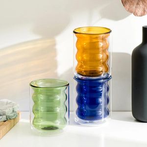 ワイングラスAhunderjiaz Nordic Color Glassダブルレイヤースレッドヒートカップコーヒーミルクティージュースキッチンドリンクデコレーション