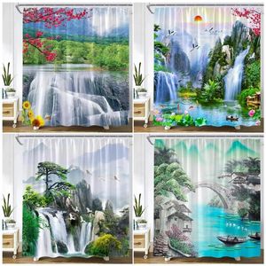 Shower Curtains Spring Landscape Waterfall Mountain Bird Forest Flower Plant Chinese Nature Scenery Fabric Garden Bathroom Decor