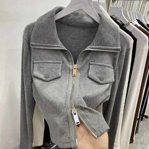Women's Hoodies Chic Lapel Tops Women T-shirt Spring Autumn Clothes Ribbed Knitted Long Sleeve Crop Top Zipper Design Tees Sexy Female Slim