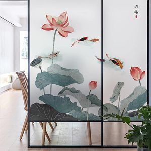 Fönster klistermärken kinesisk stil sommar lotus frostat glas elektrostatisk film anti-peep papper anti-ljus badrum