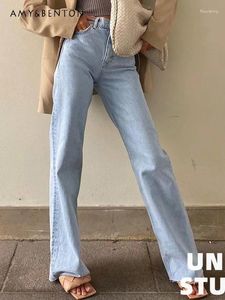 Jeans femininos American Ins Moda High Caist Slim Calças de perna reta outono Retro angustiado Legis Legis Longe Loose Women