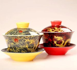 أكواب صحن الصينية يدويًا -مفصل بولي مشترك تقليد شاي غايوان غطى الأوعية صورة التنين