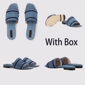 Vintage Designer Women Denim Blue Letter Slippers Sandals Canvas Scuffs Womens Chinese Style Embroidery Casual Flat Slipper 35-42 with Box