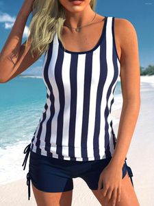 Swimwear femminile plus size a strisce set geografica con il nodo a collo tondo e pantaloncini da bagno a due pezzi