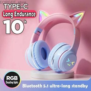 Cell Phone Earphones Wireless earphones RGB cute cat girl childrens gift earphones with microphone stereo music game earphones control light earphones Y240407