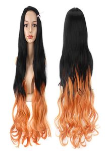 Svart lutning orange långt lockigt hår anime cosplay wig0128127410